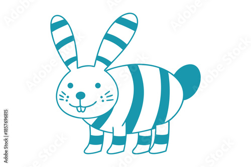 Striped cyan bunny character looks cute and ready to hop forward on a white background