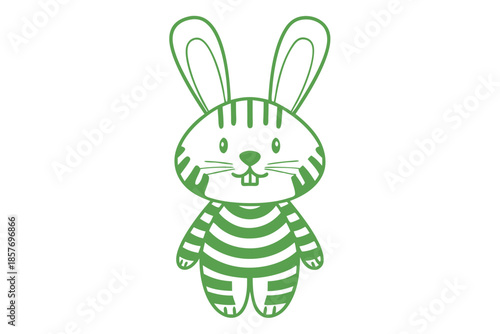 A green striped bunny with buck teeth stands upright looking forward calmly on white
