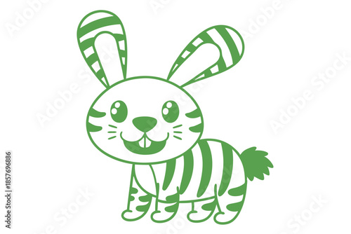 Striped green bunny smiles with its whiskers and tiny teeth on white background