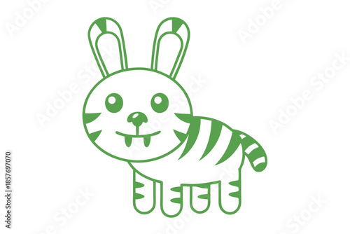 A friendly green cartoonish tiger rabbit hybrid smiles, presenting two cute buck teeth here