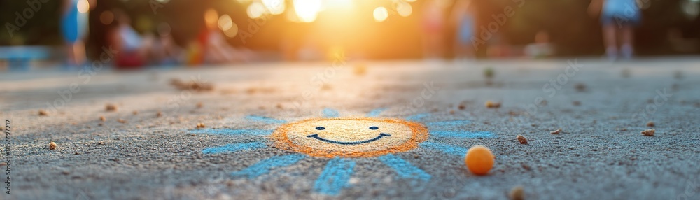 Obraz premium A smiling sun drawn in chalk adorns the concrete playground floor as children play in the background, creating a cheerful atmosphere in the afternoon light