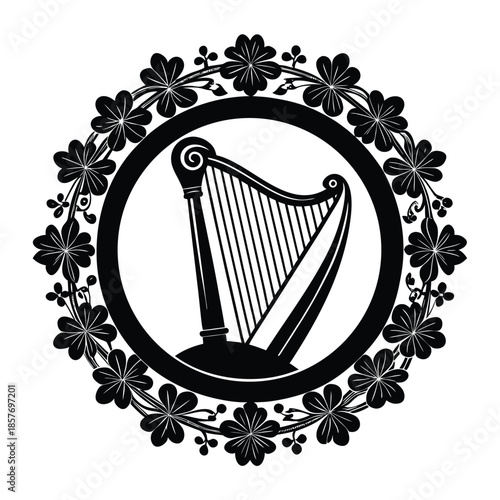 Black Harp within a Circle of Clover Flowers on White Background Keywords: harp, celtic, ireland