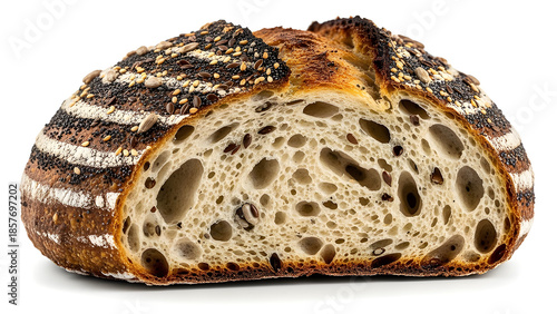 Close-up of seeded sourdough bread heel emphasizing crust texture and grain detail. Isolated on White background