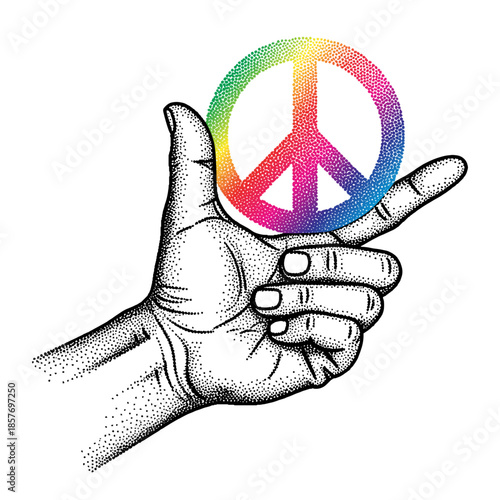 hand holding a colorful peace symbol in retro halftone style