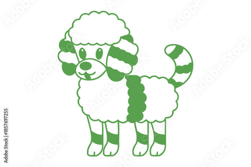 A cheerful cartoon poodle with green markings confidently stands against a bright white backdrop