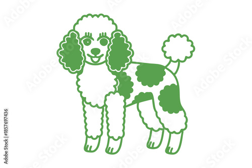 Cheerful cartoon poodle with patchy fur and fluffy green outline stands happily on white