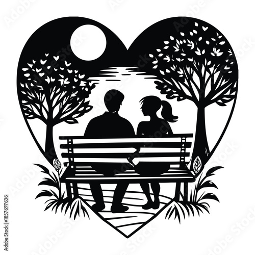 Couple sitting on bench in heart shape with moon and trees silhouette black
