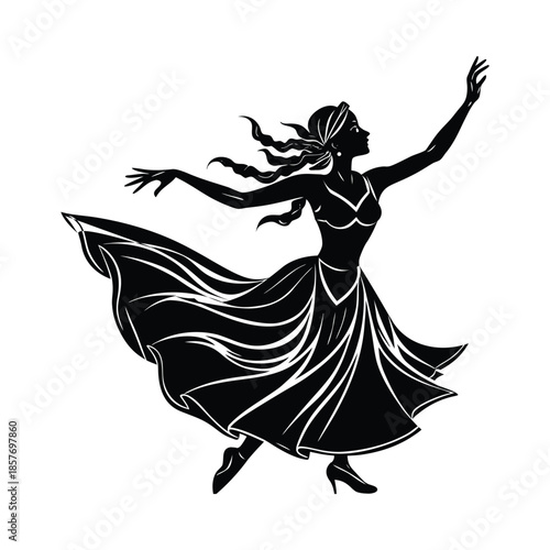 Silhouette of a woman dancing with flowing dress and hair Keywords: dancing, woman, silhouette