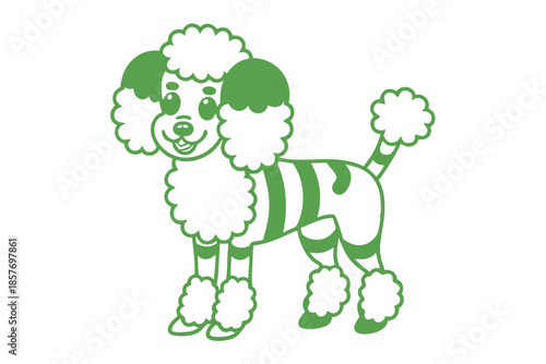 Green stylized poodle with stripes and curly fur appears content against a white backdrop