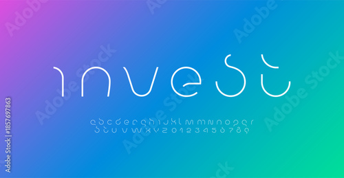 Technology font, digital cyber alphabet, Latin letters A, B, C, D, E, F, G, H, I, J, K, L, M, N, O, P, Q, R, S, T, U, V, W, X, Y, Z and Arab numerals 0, 1, 2, 3, 4, 5, 6, 7, 8, 9 space style