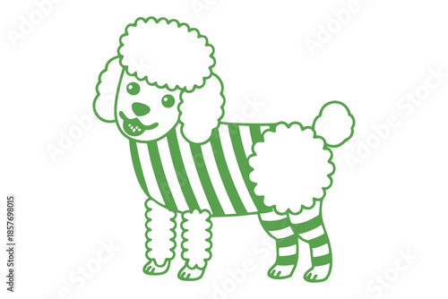 A cheerful green poodle with stripes joyfully exhibits a playful smile on a bright background