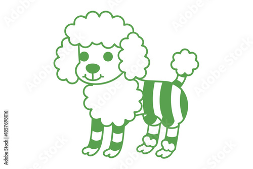 A playful green poodle with white stripes stands cheerfully on a white background