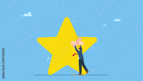 Businessman fix broken rating star with bandage. Reputation management, customer experience or rating, crisis management to repair or fix customer trust problem, credit score.