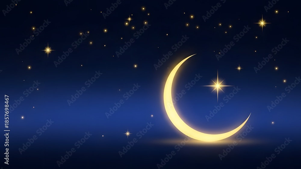 Naklejka premium Elegant Ramadan background with crescent moon and stars, dark blue gradient, copy space.