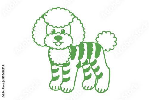 Cartoon poodle appears in a charming green silhouette with playful striped detailing