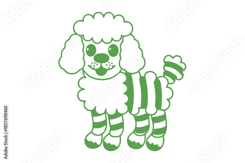An adorable green outlined poodle stands cheerfully with alternating stripes against white