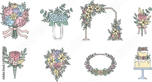 Floral Wedding Decoration Arrangement Illustration Set