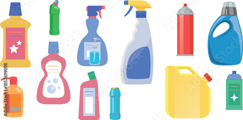 Household Cleaner Products Illustration Set with Detergent Bottle Spray and Cardboard Box, Flat Hygiene Cleaning Equipment Icons Vector Illustration