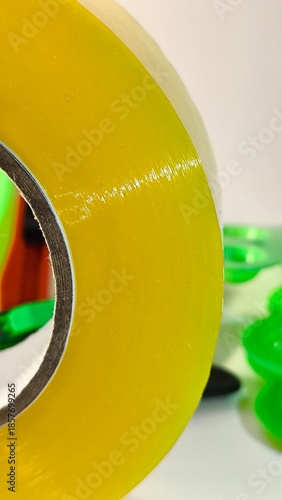 A large roll of yellow transparent shipping tape positioned in front of a utility knife and plastic office supplies for packaging and moving