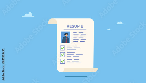 Resume paper with photo of liar pinocchio long nose businessman. Lying on resume CV to get hired, dishonesty or integrity problem on work experience and career history, fake education degree.