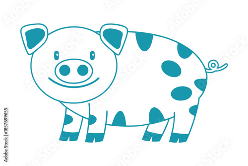 Cheerful turquoise outline of a spotted pig character smiles openly on white background