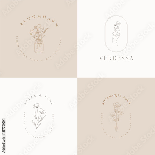 Wedding logo. Elegant monogram, hand-drawn marriage invitations with wreath borders vector set, minimal feminine botanical floral branch, and logo. Hand-drawn wedding herb, plant with elegant leave