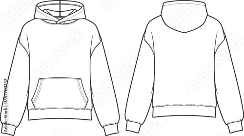Hoodie sweatshirt technical flat vector illustration, front and back view, pullover design, sportswear apparel cad drawing template