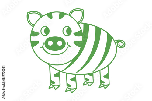 Cheerful green cartoon zebra smiles brightly with visible stripes and piglike features