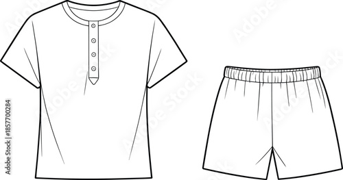 Men henley t shirt with elastic waist shorts technical flat CAD drawing, front view vector illustration apparel design