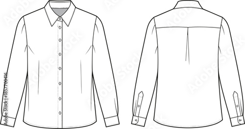 Men long sleeve shirt technical drawing, front back view, apparel CAD sketch, fashion flat vector illustration, button cuff formal design