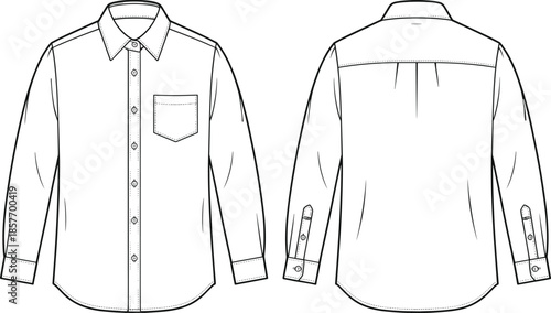 Men long sleeve shirt technical drawing, front back view, apparel CAD flat vector illustration, button pocket cuff shirt design template