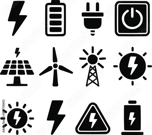 Electricity & Energy Solid Icon Set Power and Renewable Symbols
