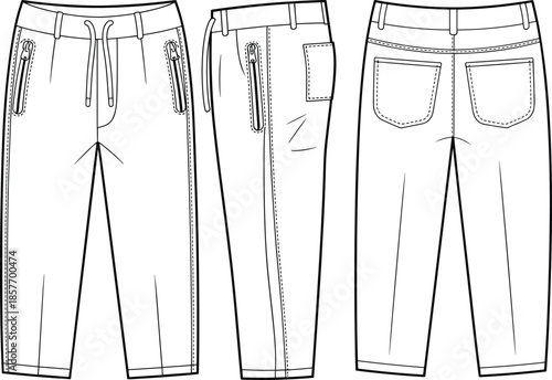 Men modern jogger pants technical flat CAD drawing, front side and back view apparel vector illustration for fashion design production template