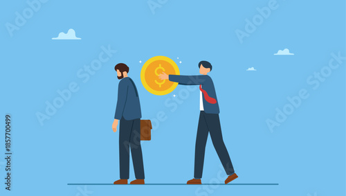 Boss manager put coin to motivate businessman office employee. Bonus, benefit or incentive program to motivate exhausted employee, money or salary raising, support or reward for hard work.