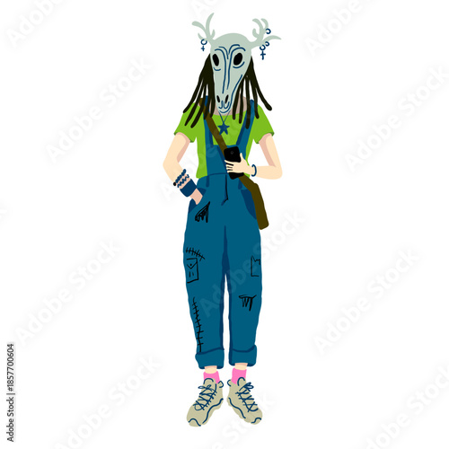 teen character in deer mask in hand drawn style in vector. Element for poster sticker design decoration postcards prints