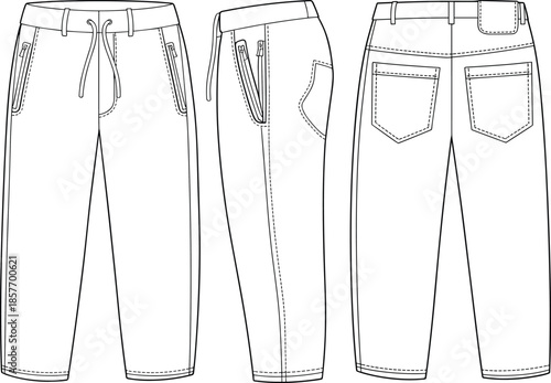 Men slim fit jogger pants technical flat CAD drawing, front side and back view apparel vector illustration for fashion production template