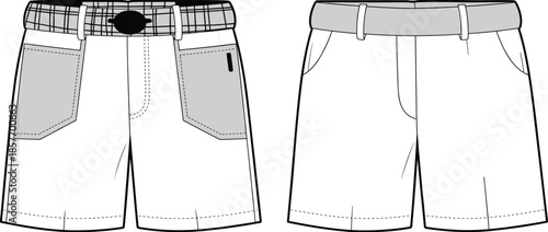 Men tailored shorts CAD drawing, belt waistband casual shorts, front and back view, technical flat vector illustration