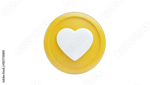 3D White heart icon on a yellow circle on transparent background