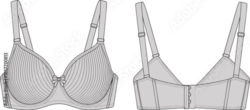 Women bra technical drawing, lingerie fashion sketch, front back view, underwire bra design, cad drawing flat vector illustration