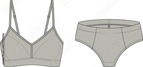 Women bralette and bikini brief set, technical fashion drawing, front view, everyday underwear design, cad drawing flat vector illustration, template