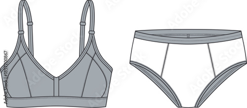 Women bralette and brief set, technical fashion drawing, front view, minimalist underwear design, cad drawing flat vector illustration, template style