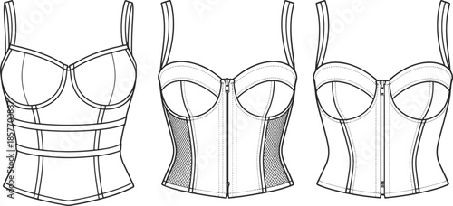 Women corset lingerie technical fashion sketch bustier top with boning and zipper, cad drawing flat vector illustration, apparel design template