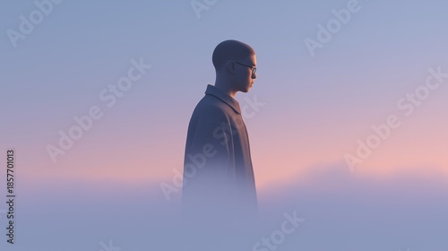 A cinematic side profile shot of a solitary bald man wearing a coat standing motionless in dense fog against a pastel purple and pink sky