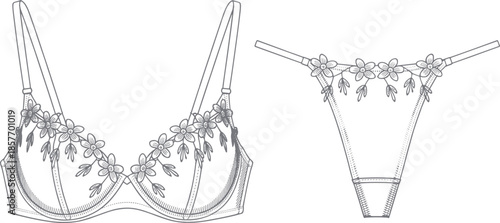 Women embroidered lingerie technical fashion sketch bra and thong set with floral details, apparel cad drawing flat vector illustration