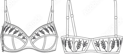Women embroidered lingerie technical fashion sketch bra set with botanical leaf pattern, apparel design cad drawing flat vector illustration artwork