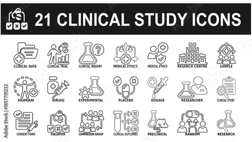 medical icons editable stroke set contailing Human,Drug,placebo,evaluation,clinical study etc. solid icon vector illustration