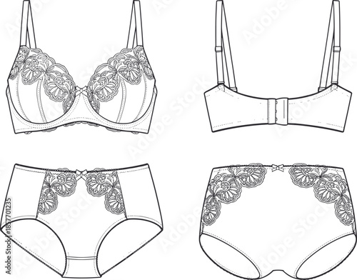 Women lace lingerie set technical sketch, bra and panties, front back views, fashion flat CAD drawing vector illustration apparel