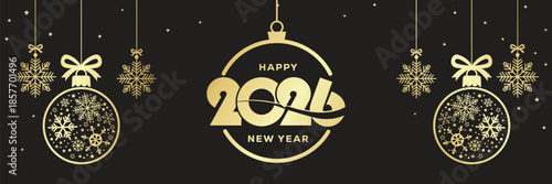 Elegant Happy New Year 2026 banner with golden baubles, snowflakes and hanging stars on a black background, luxury festive holiday illustration ideal for seasonal greetings, web headers and event invi