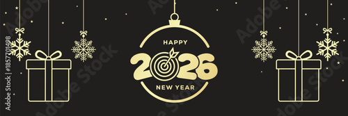 Elegant Happy New Year 2026 banner with golden baubles, snowflakes and hanging stars on a black background, luxury festive holiday illustration ideal for seasonal greetings, web headers and event invi