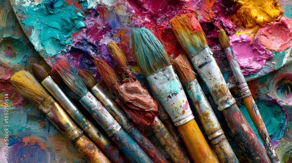Fototapeta premium Close-up of paintbrushes atop a vibrant, used artist's palette, displaying numerous hues and textures of paint